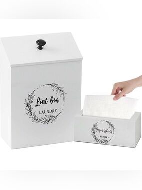 Farmhouse Wooden Lint Trash Can with Lid and Dryer Sheet Dispenser Box